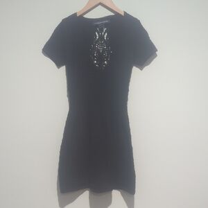 French Connection Black Mini Sweater Dress with Sheer Embellished Back